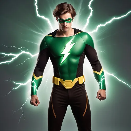 Prompt: homme super hero, pouvoir éclair et super vitesse avec cheveux chatain , canadien entre 25-28 ans coulour du costume noir et vert