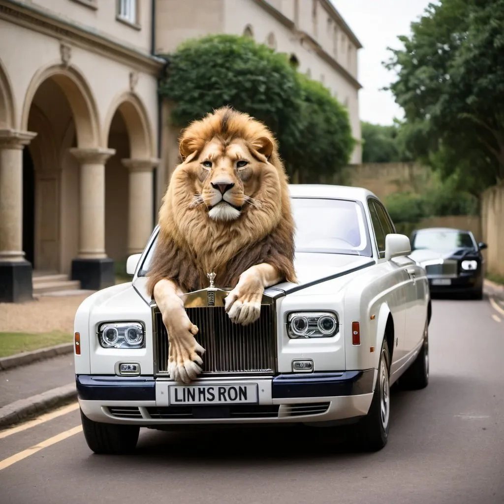 Prompt: A lion riding rollsrolls Royce