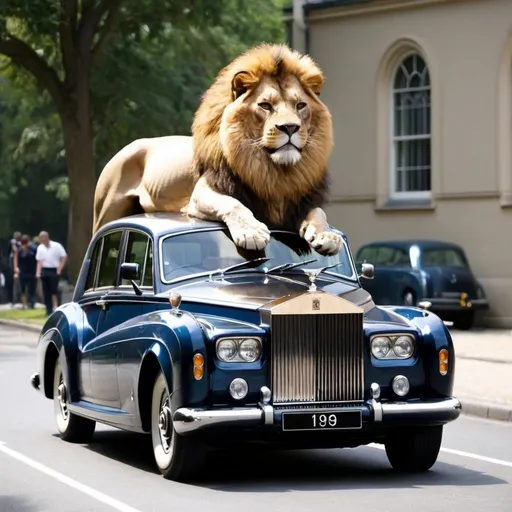 Prompt: A lion riding rollsrolls Royce