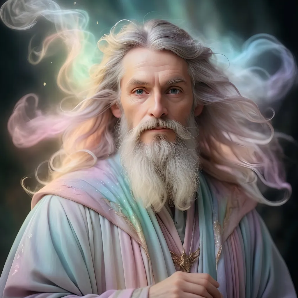 Prompt: Wizard in dreamy pastel portrait, ethereal atmosphere, soft focus, magical, soft pastel colors, mystical, fantasy, detailed robe, wispy beard, enchanting, ethereal lighting, high quality