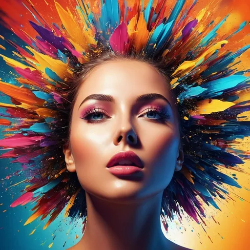 Prompt: Digitally exploding gorgeous womens head, vibrant and colorful, digital art, high resolution, abstract, exploding head, colorful burst, detailed digital rendering, vibrant hues, dynamic composition, impactful, intense colors, high quality, ultra-detailed, digital art, abstract, vibrant colors, exploding head, dynamic composition, intense, high-res, detailed rendering in 3d 