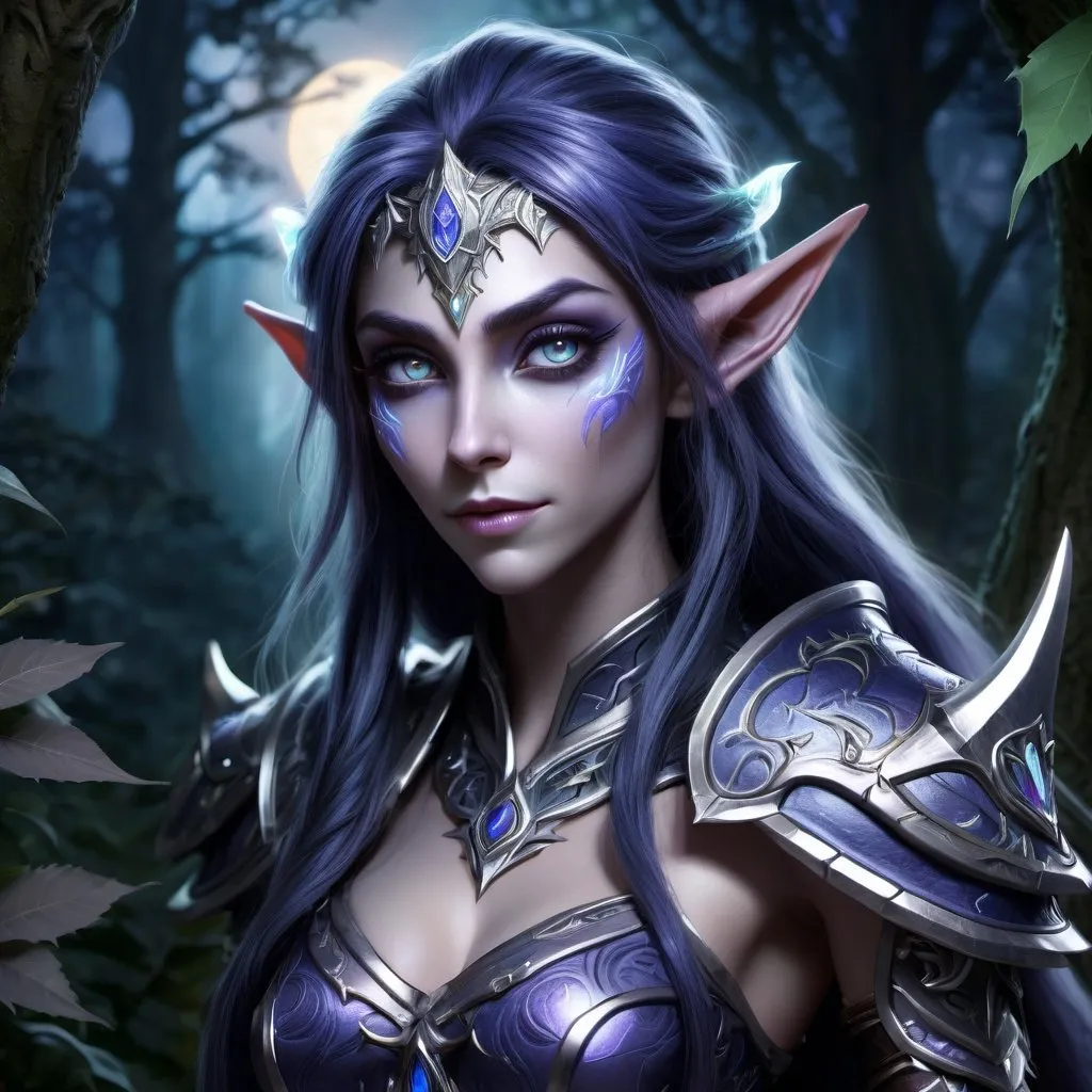 Prompt: Night elf from Warcraft, female, dark, high quality, fantasy style, mystical, ethereal glow, elven features, intricate armor details, elegant and graceful, moonlit forest setting, detailed foliage, mystical aura, majestic, magical, enchanting, fantasy, detailed eyes, atmospheric lighting, cool tones, highres, ultra-detailed