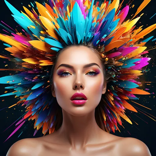 Prompt: Digitally exploding gorgeous womens head, vibrant and colorful, digital art, high resolution, abstract, exploding head, colorful burst, detailed digital rendering, vibrant hues, dynamic composition, impactful, intense colors, high quality, ultra-detailed, digital art, abstract, vibrant colors, exploding head, dynamic composition, intense, high-res, detailed rendering in 3d 