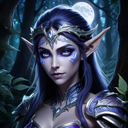 Prompt: Night elf from Warcraft, female, dark, high quality, fantasy style, mystical, ethereal glow, elven features, intricate armor details, elegant and graceful, moonlit forest setting, detailed foliage, mystical aura, majestic, magical, enchanting, fantasy, detailed eyes, atmospheric lighting, cool tones, highres, ultra-detailed