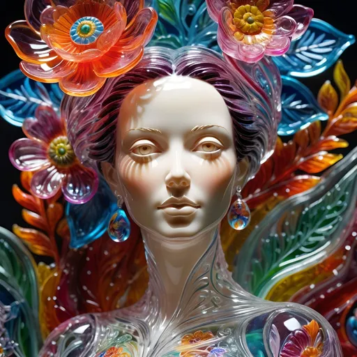 Prompt: Detailed vibrant glass sculpture of a woman, transparent, intricate floral details, surreal, colorful background, highres, intricate glasswork, surreal art, vibrant colors, floral elements, detailed sculpture, transparent medium, professional lighting