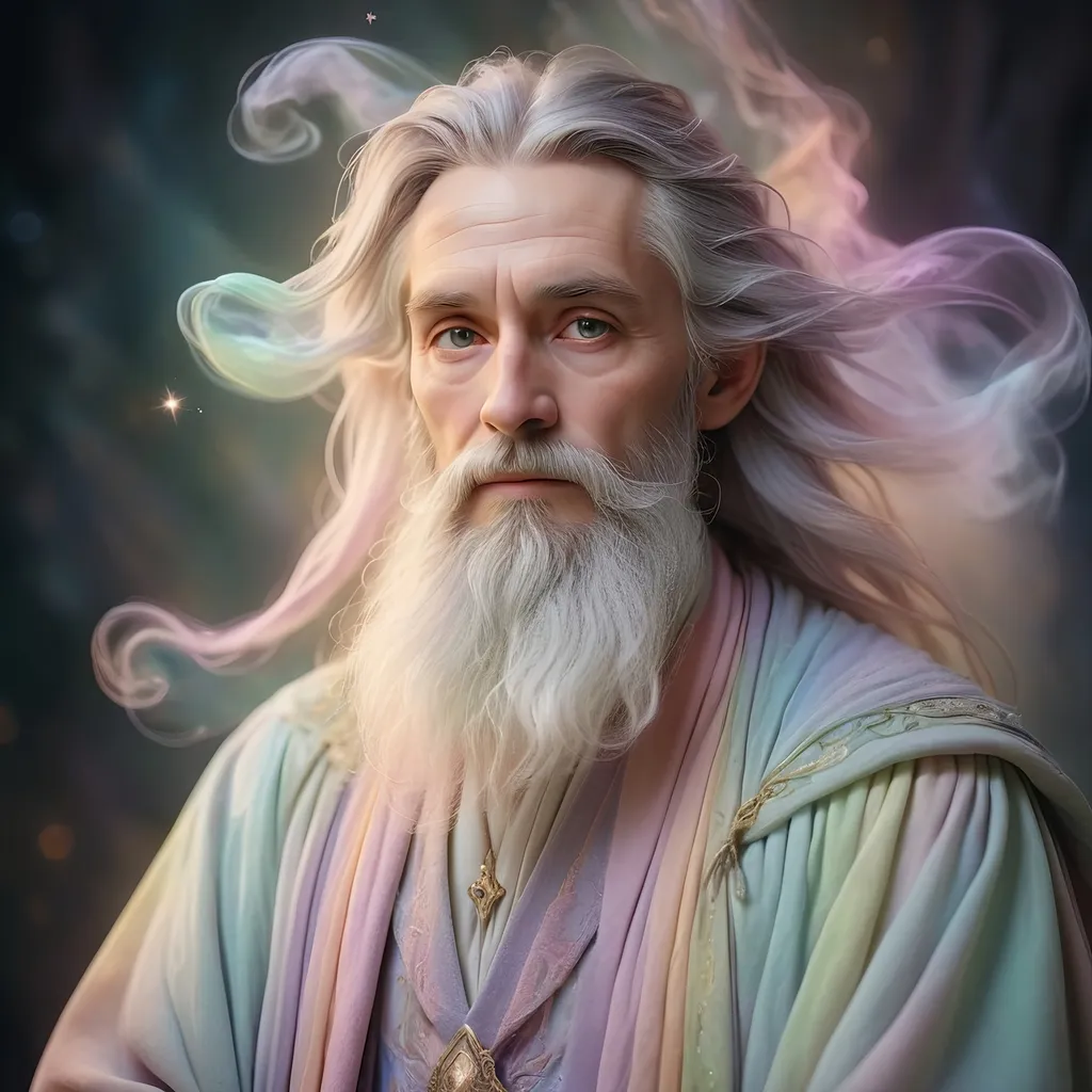 Prompt: Wizard in dreamy pastel portrait, ethereal atmosphere, soft focus, magical, soft pastel colors, mystical, fantasy, detailed robe, wispy beard, enchanting, ethereal lighting, high quality