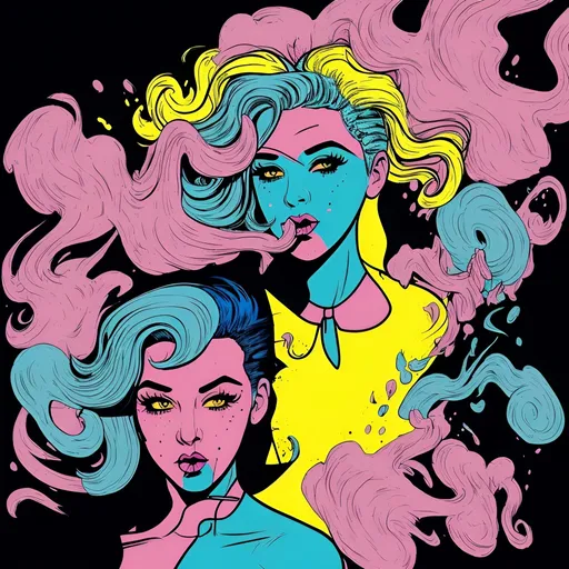 Prompt: Pop art illustration of a woman with blue hair, vibrant pink smoke, bold yellow background, high contrast, comic book style, retro vibes