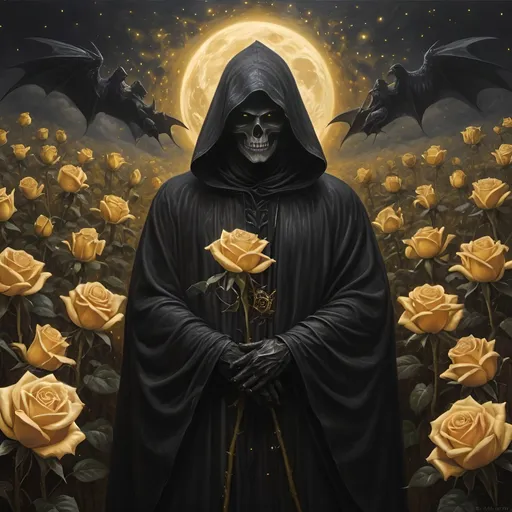 Prompt: Dark Lord surrounded by grim reapers, golden roses as stars, oil painting, ominous atmosphere, high detailed, gothic style, golden tones, dramatic lighting, multiple hooded figures, surreal, fantasy, haunting, mystical, ethereal, large canvas, eerie glow, dark and foreboding, surreal background, highres, atmospheric lighting