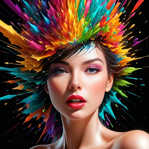 Prompt: Digitally exploding gorgeous womens head, vibrant and colorful, digital art, high resolution, abstract, exploding head, colorful burst, detailed digital rendering, vibrant hues, dynamic composition, impactful, intense colors, high quality, ultra-detailed, digital art, abstract, vibrant colors, exploding head, dynamic composition, intense, high-res, detailed rendering in 3d 