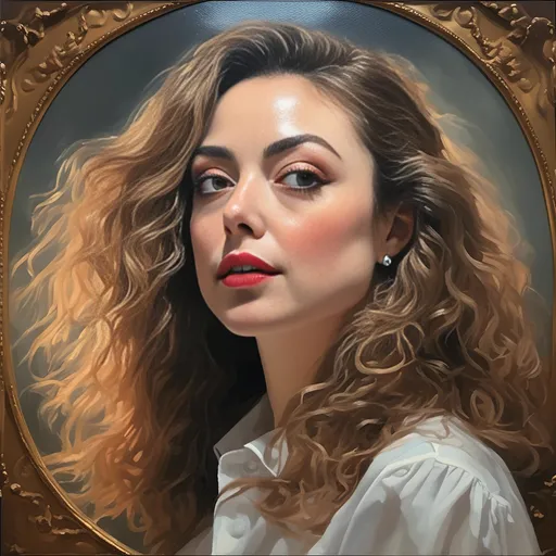 Prompt: <mymodel>Detailed, realistic portrait of a confident and alluring female model, oil painting, glossy lips, smoky eye makeup, flowing hair, high fashion attire, 4k, ultra-detailed, realistic, glamorous, vibrant colors, dramatic lighting