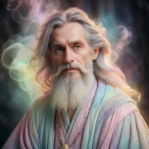 Prompt: Wizard in dreamy pastel portrait, ethereal atmosphere, soft focus, magical, soft pastel colors, mystical, fantasy, detailed robe, wispy beard, enchanting, ethereal lighting, high quality