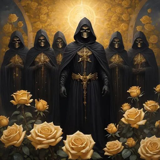 Prompt: Dark Lord surrounded by grim reapers, golden roses as stars, oil painting, ominous atmosphere, high detailed, gothic style, golden tones, dramatic lighting, multiple hooded figures, surreal, fantasy, haunting, mystical, ethereal, large canvas, eerie glow, dark and foreboding, surreal background, highres, atmospheric lighting