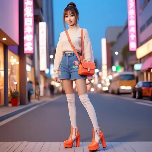 Prompt: High-quality detailed digital illustration of an 27-year-old Japanese girl in a super cute outfit and wearing cute platform high heel boots, long straight high ponytail, wearing a cute cross-body handbag, vibrant and colorful, adorable expression, soft lighting, detailed eyes, professional, 4k, ultra-detailed, cute outfit, long straight high ponytail, platform high heel boots, cute cross-body handbag, adorable expression, soft lighting