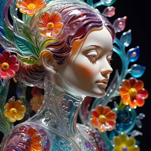 Prompt: Detailed vibrant glass sculpture of a woman, transparent, intricate floral details, surreal, colorful background, highres, intricate glasswork, surreal art, vibrant colors, floral elements, detailed sculpture, transparent medium, professional lighting