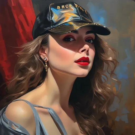 Prompt: <mymodel>Detailed, realistic portrait of a confident and alluring female model, oil painting, glossy lips, smoky eye makeup, flowing hair, high fashion attire, 4k, ultra-detailed, realistic, glamorous, vibrant colors, dramatic lighting