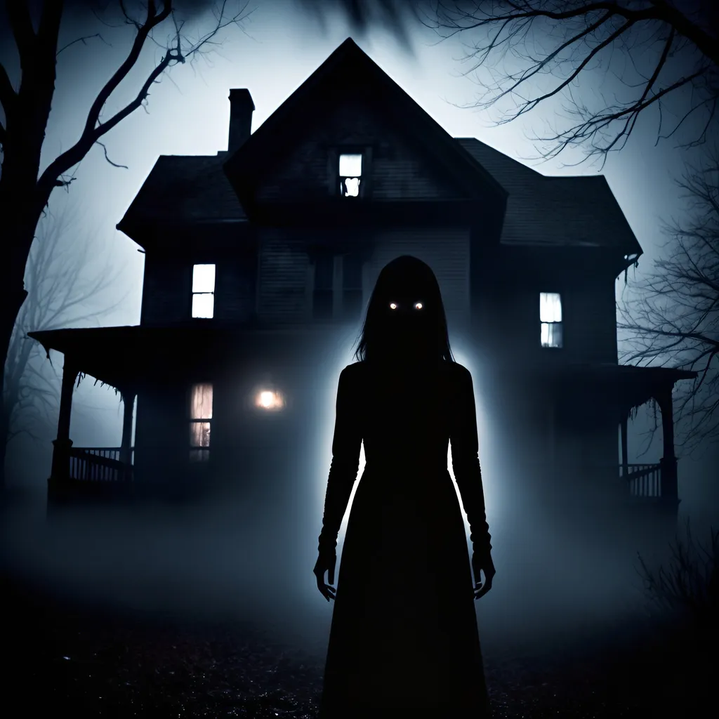 Prompt: Scary female near dark house, paranormal, eerie atmosphere, high contrast, haunting, detailed, horror, ominous, sinister, chilling, spooky lighting, highres, dark tones, creepy, foggy, disturbing, unsettling, ghostly presence, shadowy figure, sinister silhouette, mysterious, nightmarish, surreal, supernatural, ominous, detailed eyes