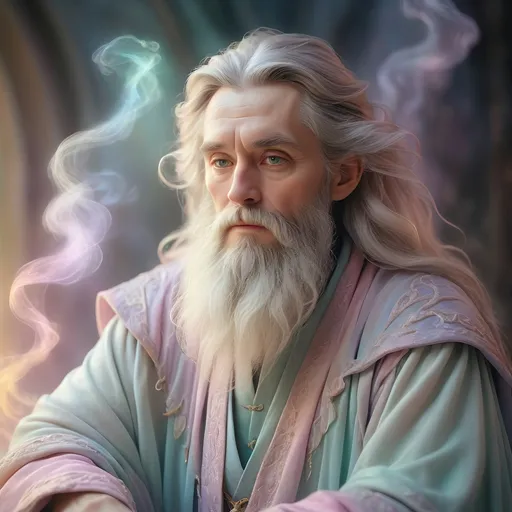 Prompt: Wizard in dreamy pastel portrait, ethereal atmosphere, soft focus, magical, soft pastel colors, mystical, fantasy, detailed robe, wispy beard, enchanting, ethereal lighting, high quality