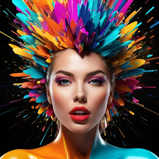 Prompt: Digitally exploding gorgeous womens head, vibrant and colorful, digital art, high resolution, abstract, exploding head, colorful burst, detailed digital rendering, vibrant hues, dynamic composition, impactful, intense colors, high quality, ultra-detailed, digital art, abstract, vibrant colors, exploding head, dynamic composition, intense, high-res, detailed rendering in 3d 