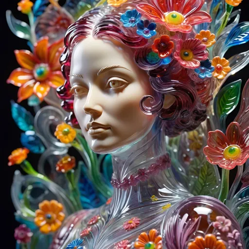 Prompt: Detailed vibrant glass sculpture of a woman, transparent, intricate floral details, surreal, colorful background, highres, intricate glasswork, surreal art, vibrant colors, floral elements, detailed sculpture, transparent medium, professional lighting