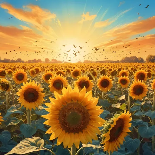 Prompt: Colorful, warm-toned digital illustration of a sunflower field, vibrant yellow and orange hues, birds flying in the clear blue sky, soft sunlight casting warm glow, high quality, digital vibrant colors, detailed sunflowers, warm and inviting, cheerful atmosphere, birds in the sky, sunny day, love theme, romantic, lively, natural lighting