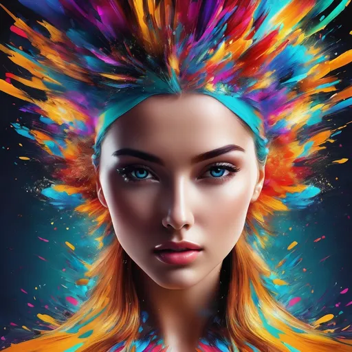 Prompt: Digitally exploding gorgeous womens head, vibrant and colorful, digital art, high resolution, abstract, exploding head, colorful burst, detailed digital rendering, vibrant hues, dynamic composition, impactful, intense colors, high quality, ultra-detailed, digital art, abstract, vibrant colors, exploding head, dynamic composition, intense, high-res, detailed rendering in 3d 