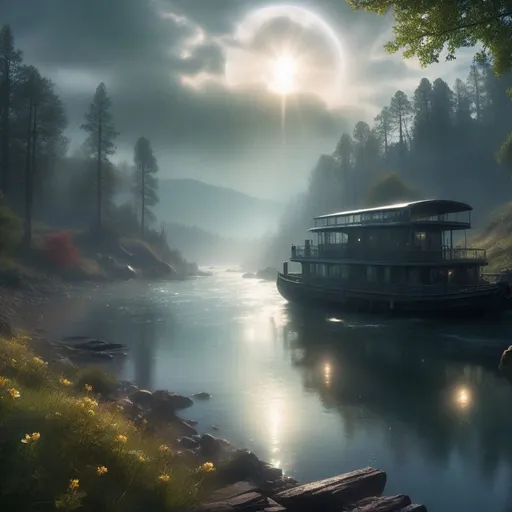 Prompt: 89994096 K dpi UHDR UHD Dark sharp, crystal-clear DOV, real life photograph in the world of fallout 3 river boat point lookout DUTCHES GAMBIT a beautiful solar eclipse, while rain is calmly droplets seen in the water. Glass like water, the setting is a lake surrounded by various LIFE LIKE trees and vivid flora Vivid beautiful colors, anime, glassy glistening shiny set the resolution to 989994096 dpi 989994096 dpi x 989994096 dpi UHDR UHD Dark+ {{{{highest quality stylized masterpiece}}}} best award-winning digital photographic photo with lifelike No textures brush strokes, hyper realistic intricate perfect, 989994096 dpi UHD HDR with cascading waterfalls. Unpixellated, fix edges and remove artifacts, recover details while removing pixelation. hype realistic horror shot of a (Mystic:1.5), creepy, foggy, evening, light bloom, ross draws, translucent, masterpiece, best quality, dreamy, magnificent, ethereal, volumetric lighting, lightroom, ((cinematic)), raytracing, subsurface scattering, face focus, magnificent, celestial, ethereal, epic, magical, dreamy, subsurface scattering, filmic, macro, shallow dof, shallow depth of field, hairs, beautiful eyes, extremely detailed pupil, 