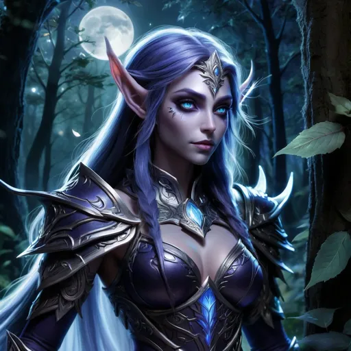 Prompt: Night elf from Warcraft, female, dark, high quality, fantasy style, mystical, ethereal glow, elven features, intricate armor details, elegant and graceful, moonlit forest setting, detailed foliage, mystical aura, majestic, magical, enchanting, fantasy, detailed eyes, atmospheric lighting, cool tones, highres, ultra-detailed
