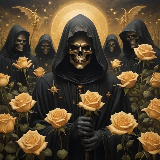 Prompt: Dark Lord surrounded by grim reapers, golden roses as stars, oil painting, ominous atmosphere, high detailed, gothic style, golden tones, dramatic lighting, multiple hooded figures, surreal, fantasy, haunting, mystical, ethereal, large canvas, eerie glow, dark and foreboding, surreal background, highres, atmospheric lighting