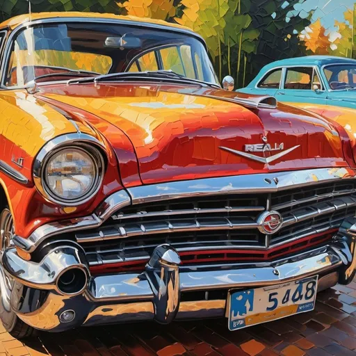 Prompt: realism, thick impasto oil painting, car, thick bumpy paint strokes, high quality, professional, detailed, realistic style, impasto, thick texture, bumpy strokes, classic car, rich colors, textured surface, intricate details, vibrant tones, professional lighting