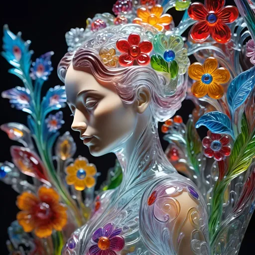 Prompt: Detailed vibrant glass sculpture of a woman, transparent, intricate floral details, surreal, colorful background, highres, intricate glasswork, surreal art, vibrant colors, floral elements, detailed sculpture, transparent medium, professional lighting