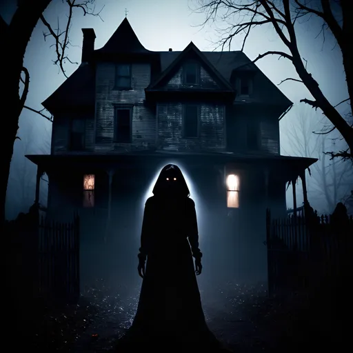 Prompt: Scary female near dark house, paranormal, eerie atmosphere, high contrast, haunting, detailed, horror, ominous, sinister, chilling, spooky lighting, highres, dark tones, creepy, foggy, disturbing, unsettling, ghostly presence, shadowy figure, sinister silhouette, mysterious, nightmarish, surreal, supernatural, ominous, detailed eyes