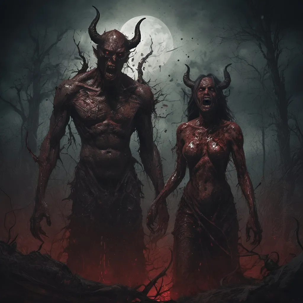 Prompt: Surrealist horror illustration of male and female demons, chaotic blood splatter, nightmarish monsters, eerie surreal atmosphere, high-quality, dark and surreal, detailed demonic features, eerie shadows, intense and gory, haunting surrealism, nightmarish landscape, malevolent, horror, surreal, chaotic, detailed demons, blood splatter, eerie lighting