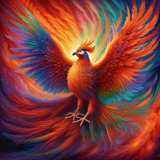 Prompt: <mymodel>Vibrant digital artwork of a mythical phoenix rising from vibrant flames, majestic wings unfurled, iridescent feathers shimmering, ethereal and mystical, high definition, fantasy, vivid colors, radiant lighting, detailed feathers, magical, epic, fiery tones, dynamic composition, mythical creature, intense gaze, best quality, highres, ultra-detailed, digital art, fantasy, vibrant colors, radiant lighting