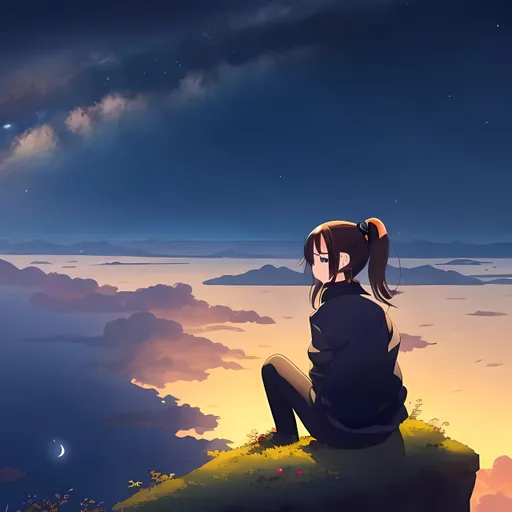 Prompt: 2d girl sitting on a cliff edge gazing at night sky