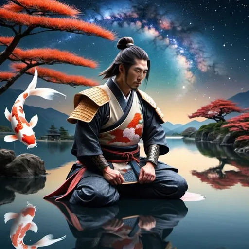 Prompt: Japanese samurai warrior kneeling down infront of a koi fish with a lake and the galaxy in the background
