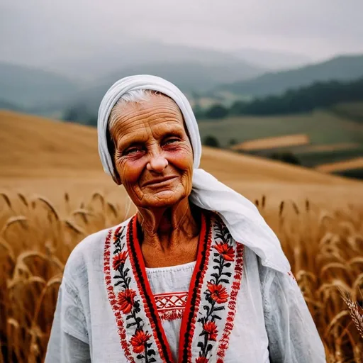 Prompt: Weathered Romanian matriarch, deep wrinkles etched by time, draped in crisp white cotton nightgown adorned with intricate red and black traditional embroidery. Silver hair wrapped in vibrant floral headscarf. Standing stoically amidst misty Transylvanian hills, golden wheat fields swaying. Hyper-realistic portrait capturing every pore, thread, and dewdrop.