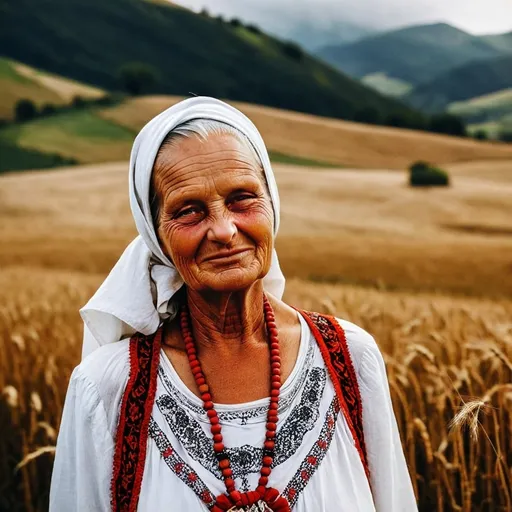 Prompt: Weathered Romanian matriarch, deep wrinkles etched by time, draped in crisp white cotton nightgown adorned with intricate red and black traditional embroidery. Silver hair wrapped in vibrant floral headscarf. Standing stoically amidst misty Transylvanian hills, golden wheat fields swaying. Hyper-realistic portrait capturing every pore, thread, and dewdrop.