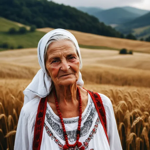 Prompt: Weathered Romanian matriarch, deep wrinkles etched by time, draped in crisp white cotton nightgown adorned with intricate red and black traditional embroidery. Silver hair wrapped in vibrant floral headscarf. Standing stoically amidst misty Transylvanian hills, golden wheat fields swaying. Hyper-realistic portrait capturing every pore, thread, and dewdrop.