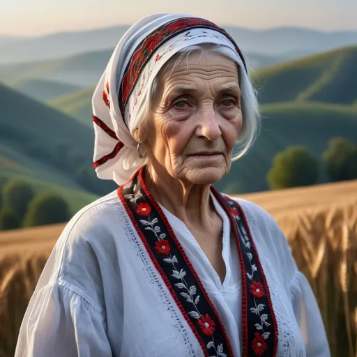 Prompt: Weathered Romanian matriarch, deep wrinkles etched by time, draped in crisp white cotton nightgown adorned with intricate red and black traditional embroidery. Silver hair wrapped in vibrant floral headscarf. Standing stoically amidst misty Transylvanian hills, golden wheat fields swaying. Hyper-realistic portrait capturing every pore, thread, and dewdrop.