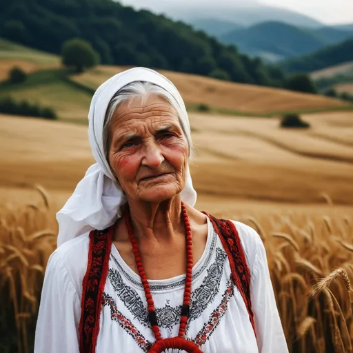 Prompt: Weathered Romanian matriarch, deep wrinkles etched by time, draped in crisp white cotton nightgown adorned with intricate red and black traditional embroidery. Silver hair wrapped in vibrant floral headscarf. Standing stoically amidst misty Transylvanian hills, golden wheat fields swaying. Hyper-realistic portrait capturing every pore, thread, and dewdrop.