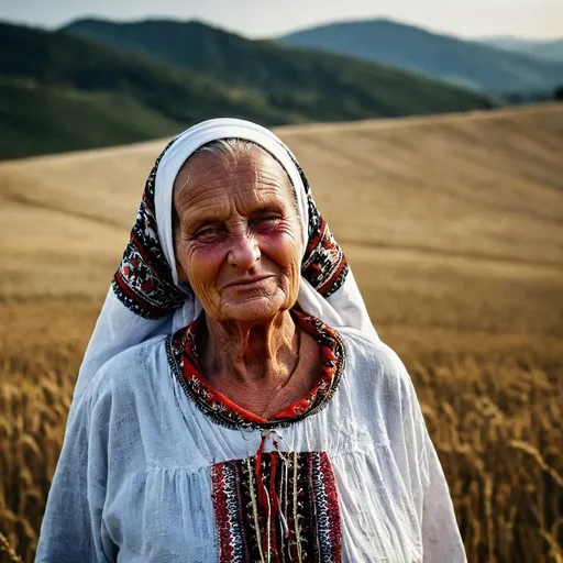 Prompt: Weathered Romanian matriarch, deep wrinkles etched by time, draped in crisp white cotton nightgown adorned with intricate red and black traditional embroidery. Silver hair wrapped in vibrant floral headscarf. Standing stoically amidst misty Transylvanian hills, golden wheat fields swaying. Hyper-realistic portrait capturing every pore, thread, and dewdrop.