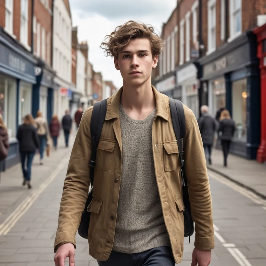 Prompt: Tall young man walking down the high street, detailed clothing, realistic, natural lighting