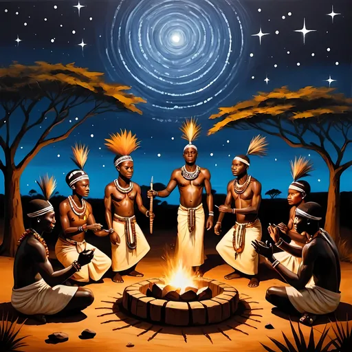 Prompt: African styled painting of a tribal ceremony under the stars