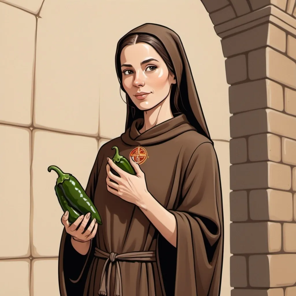 Prompt: For a logo on a bottle: A cartoon drawing of an attractive female Benedictine monk with dark brown robes, and brown   shoulder height hair body in side profile but looking at camera  showing leg  leaning up against a monastery wall wall holding jalapenos in her hands 
