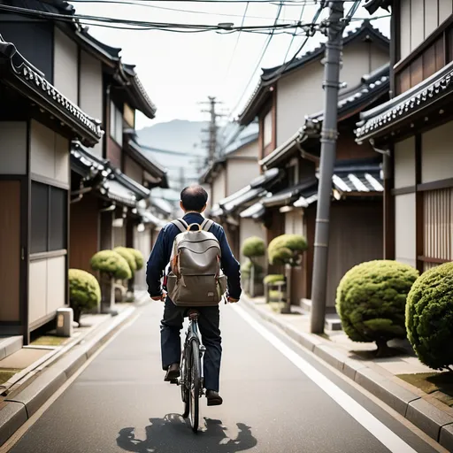 Prompt: A working father riding on his bicycle with his office back pack strolling in the japanese down town country street. 