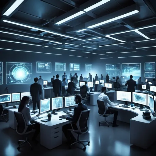Prompt: Office crowd working in a high tech futuristic office room where there is many monitors and illumination light.