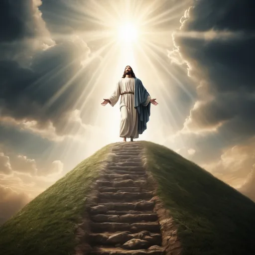 Prompt: Jesus Christ ascending to heaven on top of a hill. Witnessed by his pupils as in the bible story.