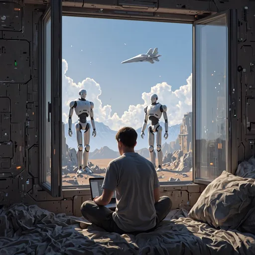 Prompt: A guy working with his laptop in his room in a futuristic world. There is a window open in his room that shows robots walking and space ship flying.