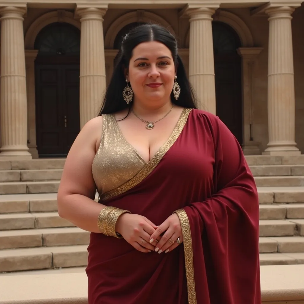 Prompt: An plus sized woman wears the uniform (latex) of an ancient Roman senator.  She has perfect cleavage.  She is addressing the senate in a stone carved amphitheater.  She has perfect cleavage