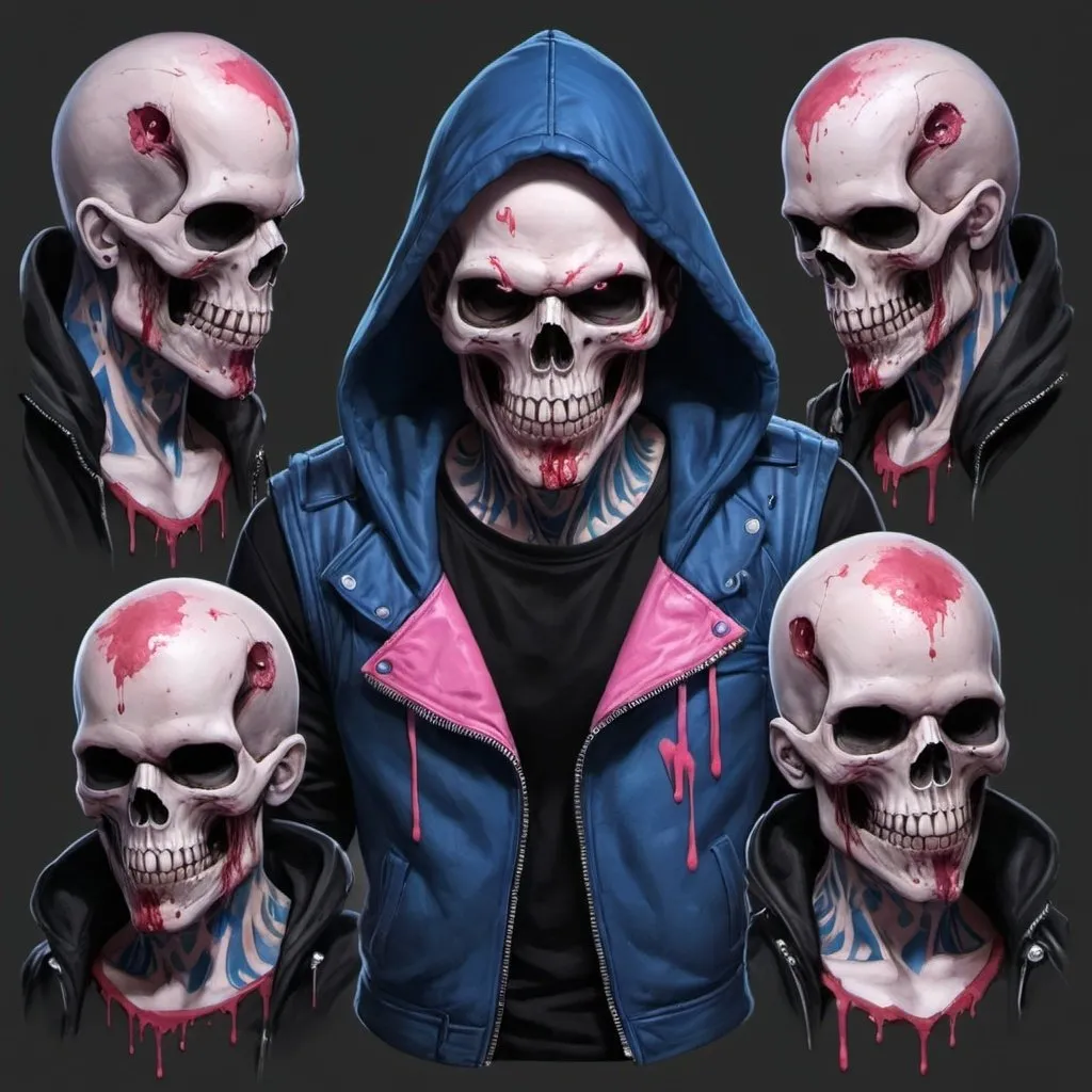 Prompt: Character design sheet skullhead reaper man blue-pink hoodies,  black leather vest with  blood splashs, skull tattoos, music tatoos